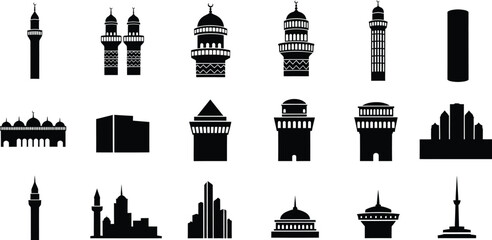A collection of black vector silhouettes of various architectural towers and building landmarks. © Simu Store