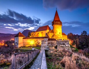 Corvin Castle illuminated at dusk in Hunedoara, Romania.