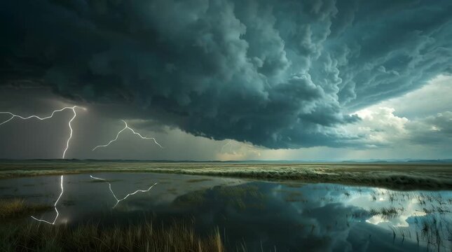 Cinematic low-angle view supercell storm flooded Wyoming fields, storm reflected perfectly water, ripples raindrops, wind bending grass, dark swirling clouds, dramatic lightning, epic storm scale