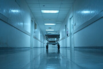 Obraz premium Quiet medical corridor bathed in cool fluorescent light, empty gurney ready for use