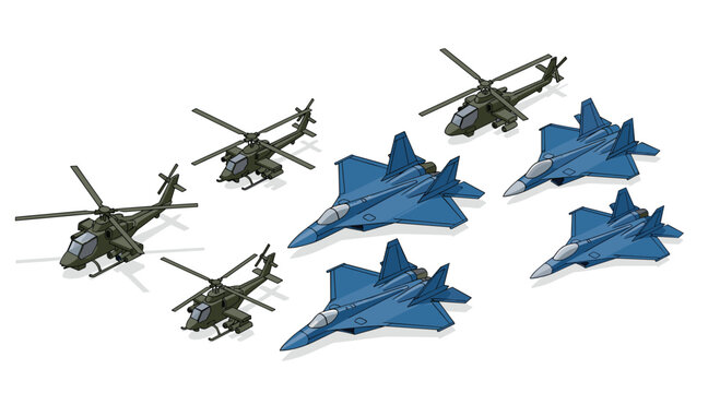 An isometric vector illustration features four blue fighter jets and four green military helicopters positioned on a clean white background.