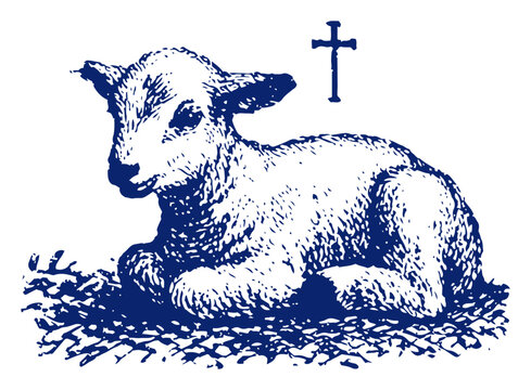 Detailed woodcut illustration of a lamb lying on the ground with a cross
