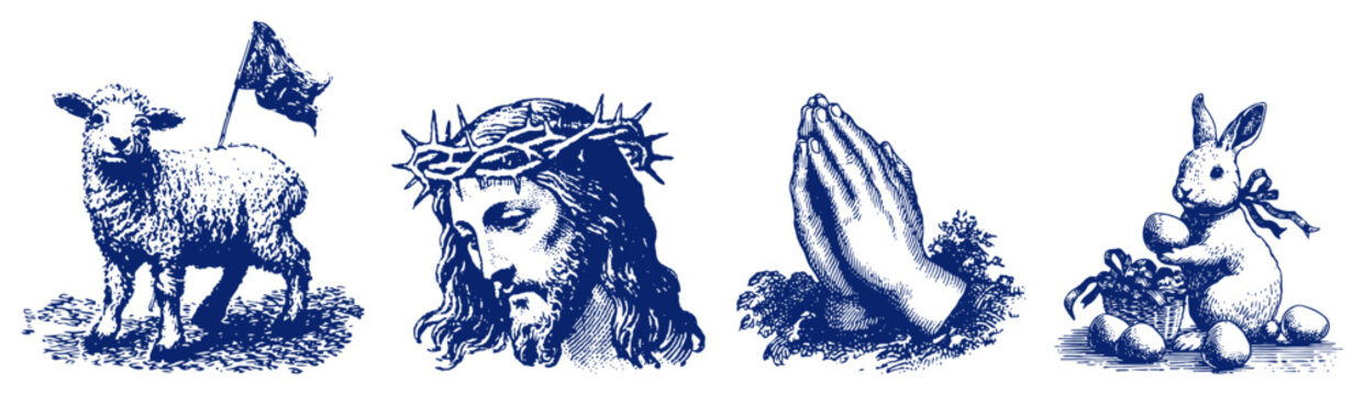 Vintage engraving collection of religious symbols including Jesus with thorns and the lamb of God