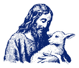 Jesus Christ holding a small lamb as the good shepherd in vintage engraving style © Tomas