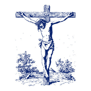 The crucifixion of Jesus Christ on a wooden cross in classic woodcut illustration