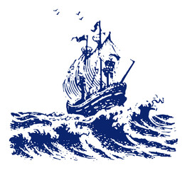 Historic sailing ship navigating through stormy ocean waves in vintage woodcut style © Tomas