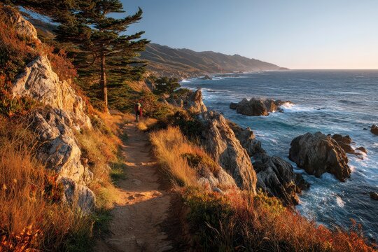 Narrow coastal hiking trail winding above the Pacific in Garrapata State Park, Big Sur coast