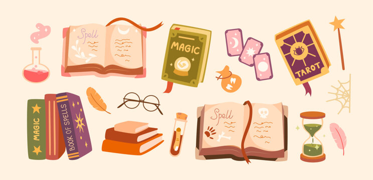 A cute Halloween set with magical items. Spell books, potions, tarot cards, a crystal ball, feathers, a magic wand, glasses and an hourglass. For stickers, poster, card, seasonal decor