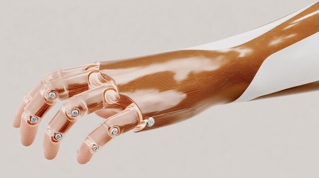 Prosthetic hand with transparent, mechanical elements over skin tone &mdash; a bionic hand as medtech and rehabilitation product.
