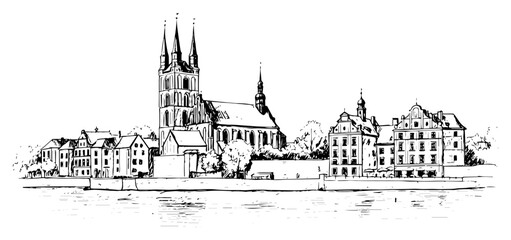 Obraz premium Old town city skyline with cathedral, historic European architecture sketch, riverside urban view illustration