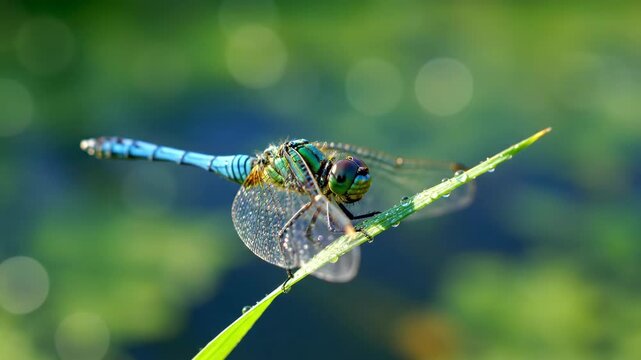 A close-up shot of a vibrant dragonfly perched on a blade of grass. The dragonfly is detailed with intricate patterns and iridescent colors