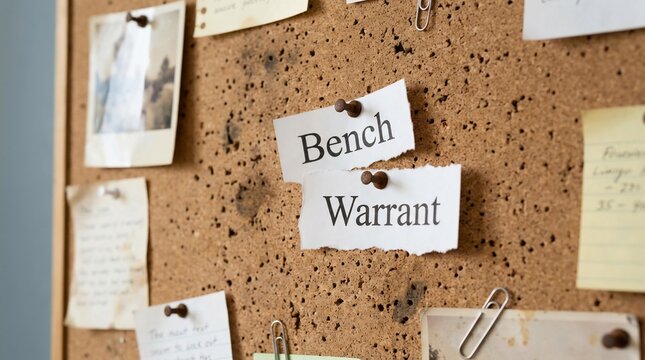 Bench Warrant notice pinned to a cork investigation board with other papers.