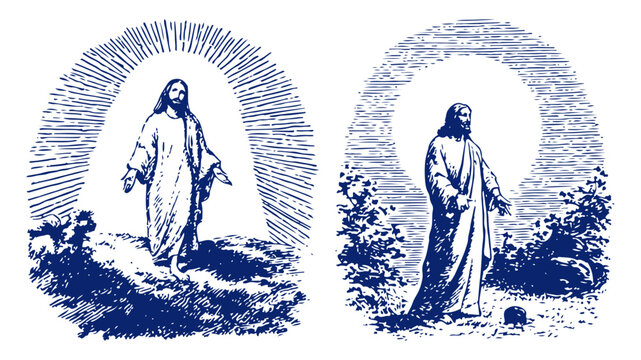 Jesus Christ walking and standing with divine light in vintage woodcut style illustration