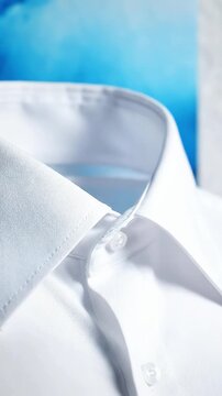 Close-up of a crisp white dress shirt with a neatly folded collar against a blurred blue sky background conveying professionalism and clean aesthetics for business concepts