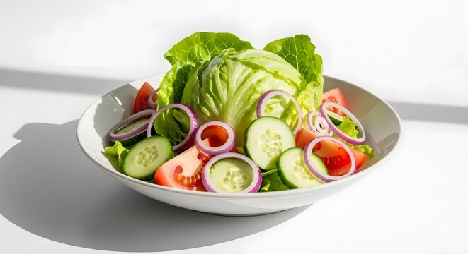 Fresh Mixed Greens Salad with Vegetables in White Bowl in white background