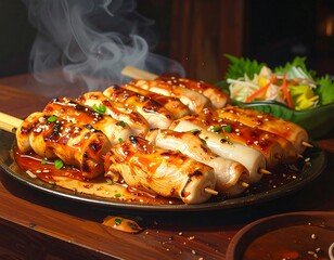Delicious Chicken Yakitori Skewers with Teriyaki Glaze and Sesame Seeds.