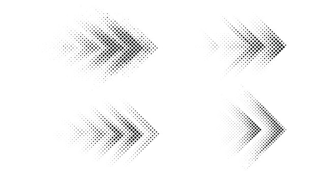 Halftone arrow particle vector set, abstract geometric dotted arrows showing forward motion direction on white backdrop, modern minimal design for navigation icons, infographics,