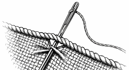 Close-up of needle and thread stitching a thick rope onto netting © Alis