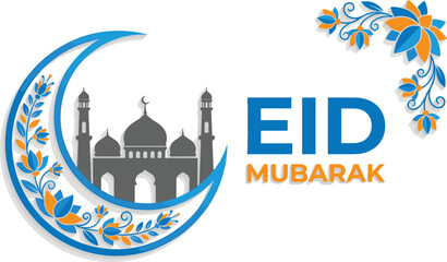 Eid Mubarak greeting design, crescent moon with mosque silhouette and floral ornament, Islamic holiday celebration banner illustration for Ramadan festival © Jisan World