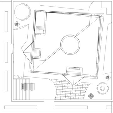 Technical architectural site plan featuring a large angular building structure with a central circular atrium or courtyard, adjacent parking area, paved walkways, and surrounding road layout in black 