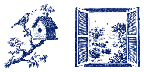 Obraz premium Scenic view through an open window with a singing bird and birdhouse in engraving style