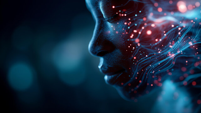 Abstract illustration of an AI generated facial composite dissolving into fragmented data points the face breaking apart at the edges into swirling identity data