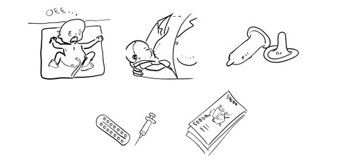 Hand Drawn Doodle Set of Birth, Healthcare, and Finance Concepts