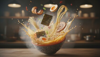 Ramen bowl with noodles egg and ingredients splash