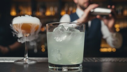 Green cocktail with shamrock ice at bar counter