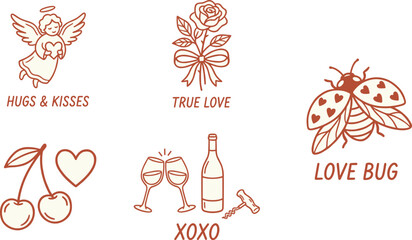 Valentine love icons set with angel rose ladybug cherries wine hearts and romantic quotes, hand drawn vector illustration collection © Jisan World