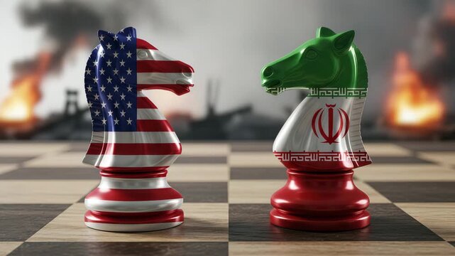 Chess knights with USA and Iran flags on board and on a war background. Concept of geopolitical conflict, military tension, and international relations.	