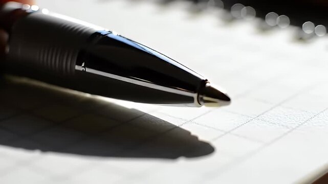 Polished black pen casting shadow on graph paper, with spiral binding blurred in background