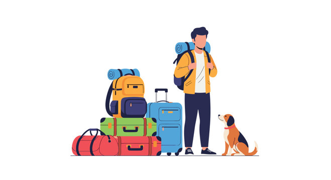 A male traveler stands with a large backpack and a tall stack of colorful suitcases and duffel bags beside a small brown and white dog on a plain white background.