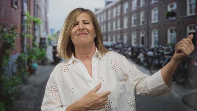 Caucasian middle aged woman in white eyelet blouse miming guitar strum on a sunlit busy urban street; joy.