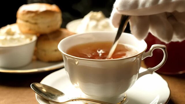 A gloved hand stirs tea in a white cup with gold trim. Scones and clotted cream rest in the background