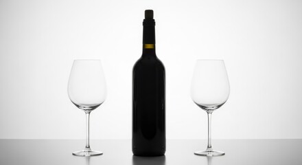 Elegant red wine bottle and two empty glasses on a reflective surface, minimalist style.