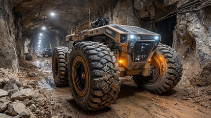 Autonomous mining robot excavates underground tunnel with large tires and headlights on in a rocky mine environment with dirt road and rough stone walls