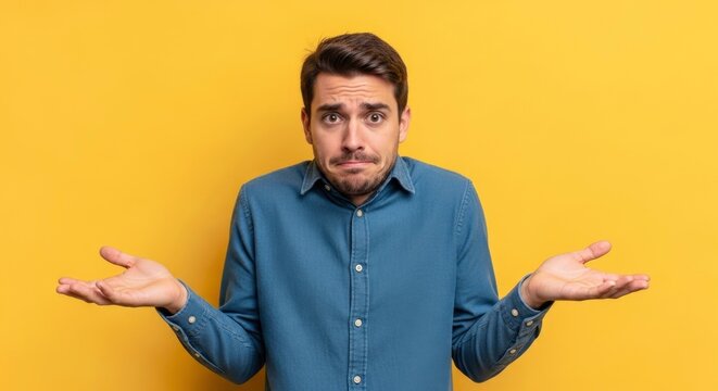 Young man with a confused expression shrugging, hands open, indicating uncertainty on yellow back...