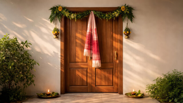 Home entrance adorned with floral garland, gamosa cloth, and oil lamps, creating a festive atmosphere for the bohag bihu celebration, reflecting hospitality and cultural tradition