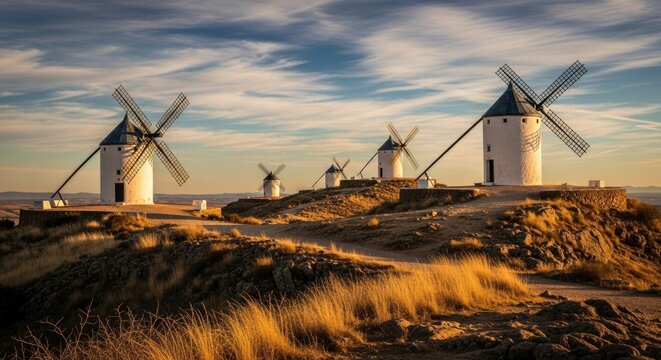 Historic Spanish windmills at sunset, standing majestically on a golden, arid landscape.