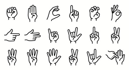 Monochrome minimal vector icons of sign language hand gestures. Finger spelling and manual alphabet collection. Vector illustration for deaf communication, education, and accessibility concepts. © VectorGomes
