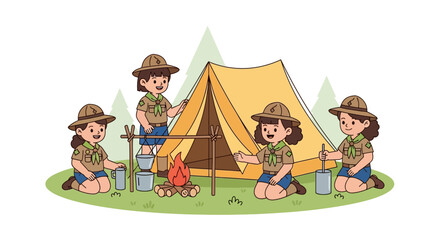 Cartoon illustration of four Girl Scouts camping outdoors with a tent and campfire in a natural summer setting