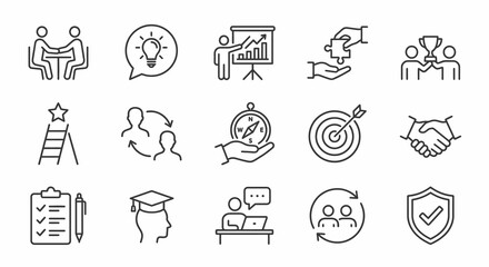 Fototapeta premium Monochrome thin line icons for consultancy and mentoring. Professional guidance and career coaching collection. Vector illustration for business advice, strategy, and leadership concepts.