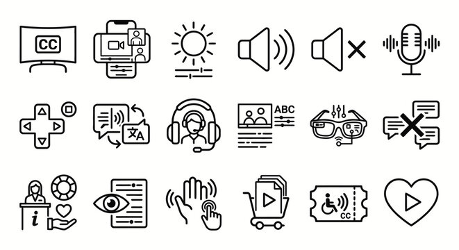 Monochrome minimal vector icons for accessible entertainment and deaf media. Cinema, theater, and streaming accessibility collection. Vector illustration for inclusive culture and digital media.