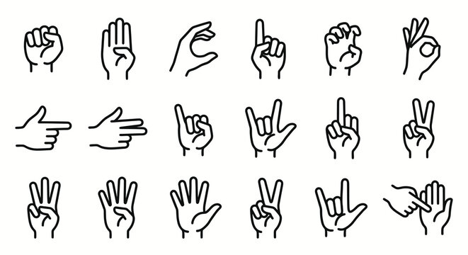 Monochrome minimal vector icons of sign language hand gestures. Finger spelling and manual alphabet collection. Vector illustration for deaf communication, education, and accessibility concepts.