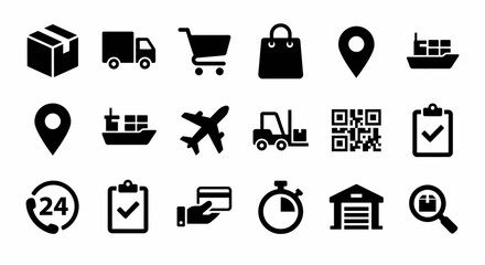 Solid black icons for logistics and e-commerce. Delivery, shipping, and online shopping collection. Vector illustration for supply chain, transport, and retail business concepts. Black and white. © VectorGomes