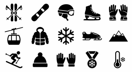 Solid black icons for winter sports and alpine activities. Equipment, gear, and mountain resort collection. Vector illustration for skiing, snowboarding, and winter tournament concepts. Black and whit © VectorGomes