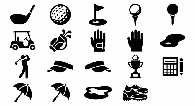 Solid black icons for golf and club sports. Equipment, gear, and golf course culture collection. Vector illustration for golf tournaments, country club branding, and athletic hobby concepts. Black and