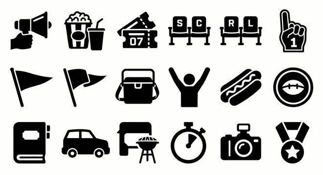 Solid black icons for American football fan experience and stadium vibe. Fan gear, concessions, tickets, and game day collection. Vector illustration for sports marketing, event planning, and athletic