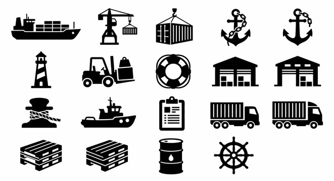 Solid black icons for logistics and seaport operations. Cargo ship, container, and maritime transport collection. Vector illustration for global trade, shipping industry, and harbor management concept
